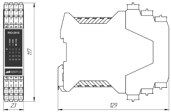 Схема габаритных размеров RIO-DI16