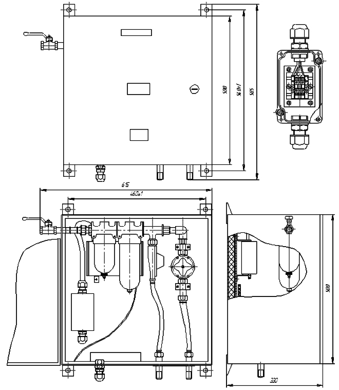 Схема габаритных и установочных размеров шкафа ШПВ
