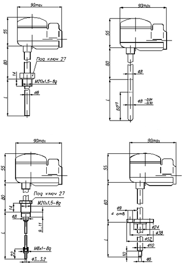 Схема габаритных и установочных размеров термопары ТХА, ТХК 1087