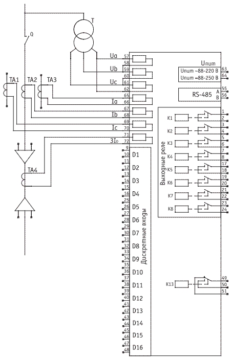 Схема подключения внешних цепей с тремя ТТ к устройству  РЗЛ-02.2н АР01