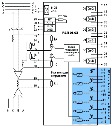 Схема подключения внешних цепей к устройству РЗЛ-01.03