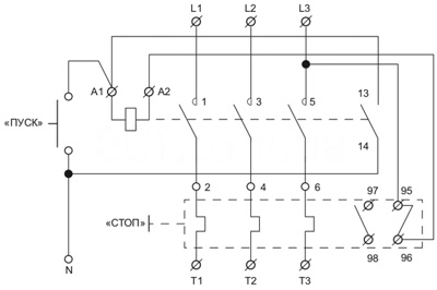 Рис.2. Электрическая схема управления катушкой магнитных пускателей ПМК 12 напряжением 220В
